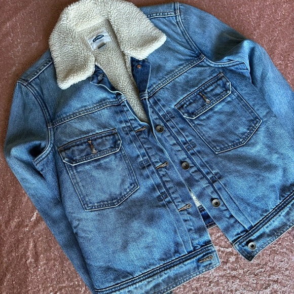 Old Navy Sherpa Lined Jean Jacket M Denim Boyfriend Classic Trucker Coat.trendy - Picture 1 of 9